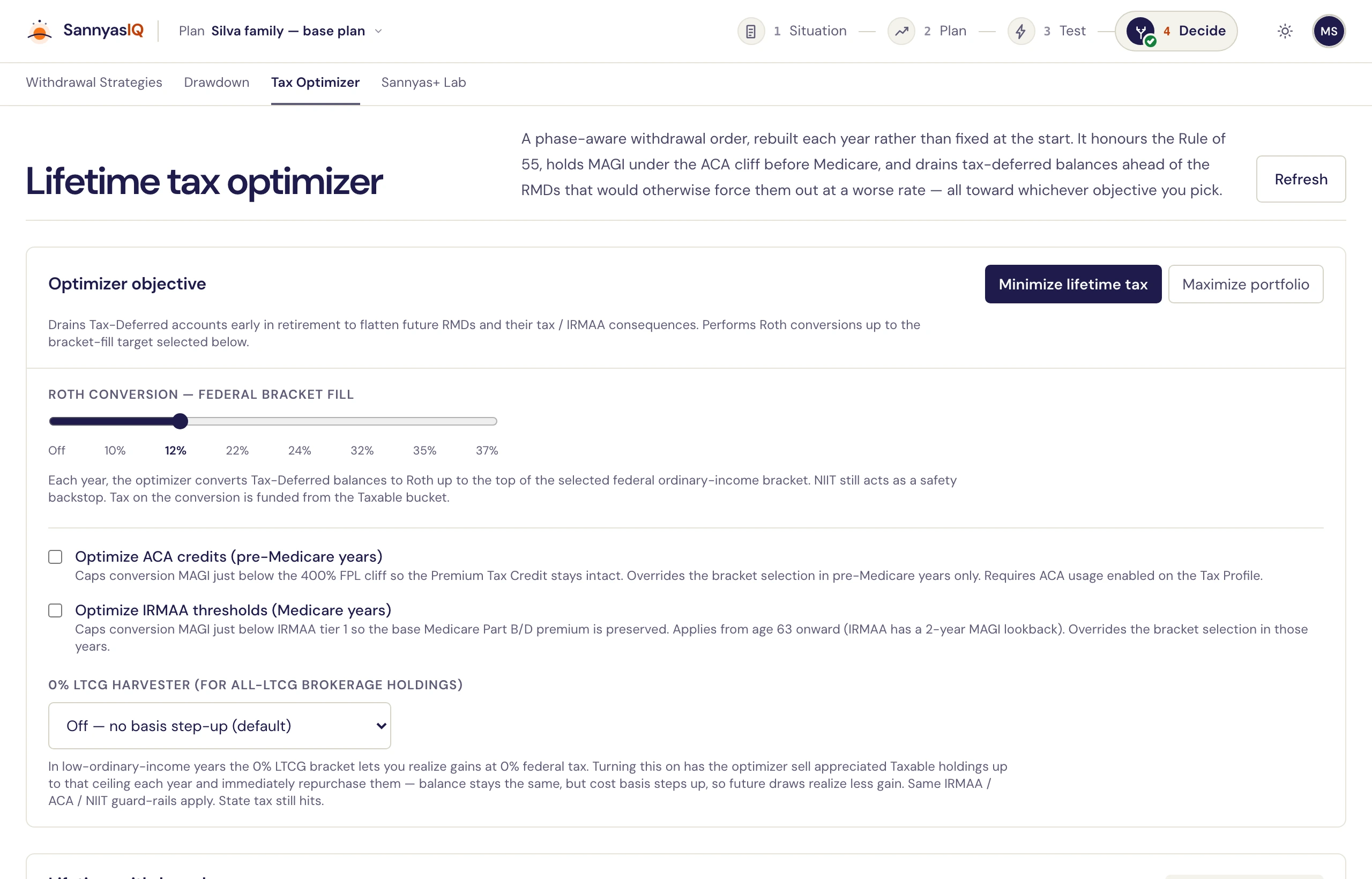 The lifetime tax optimizer: an objective switch between minimising lifetime tax and maximising the portfolio, a Roth conversion bracket-fill slider, and toggles for ACA credit and IRMAA threshold optimisation.